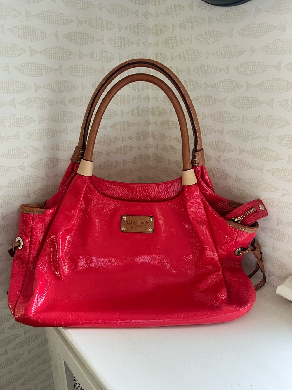 kate spade Red Patent Leather Satchel with Brown Handles